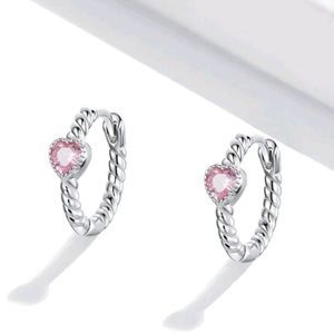 Simple Silver Plated Hoop huggie Earring with Pink CZ Hearts
